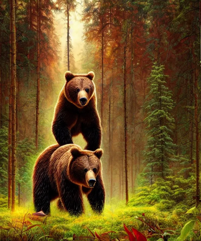 Image similar to a realistic brown bear, walking through a psychedelic forest, wide angle landscape shot, pixar style by tristan eaton, artgerm and tom bagshaw