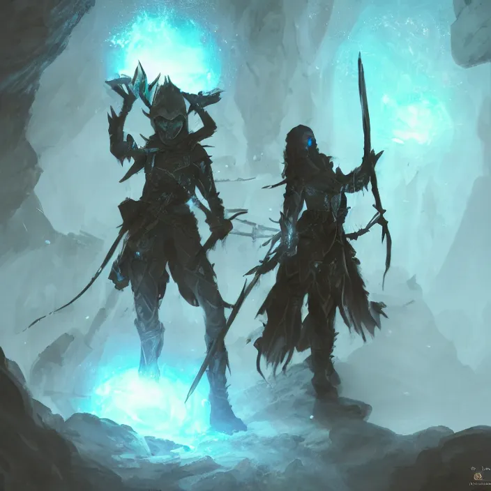 Image similar to an elf ranger in silhouette in a cave with weapons drawn facing a glowing blue orb, fantasy concept art, trending on artstation, video game concept art, highly detailed, cinematic lighting, digital art, dark fantasy, rendered in unreal