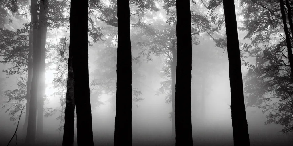 Prompt: silhouette tall spirits standing in the mist with glowing eyes in the dark northern California woods at night