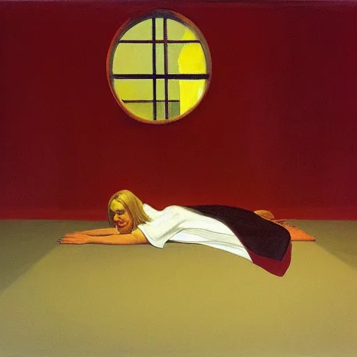 Image similar to sienna portrait of the redwinged angel of death wearing a crimson and sienna robe descending on the spirits in their graves jamie wyeth james gilleard edward hopper oil painting