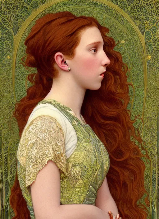 Image similar to intricate art nouveau portrait oil painting of redheaded young millie bobby brown with long hair blowing in the wind, wearing an intricate green lace dress, highly detailed, intricate golden symmetric pattern background, elegant, digital painting, smooth, sharp focus, illustration, ultra realistic, 8 k, by bouguereau, alphonse mucha, artgerm, and donato giancola