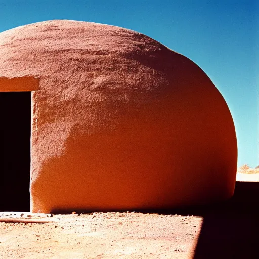 Prompt: a man standing outside a Non-Euclidean orb-like clay house sitting in the desert, vintage photo, beautiful cinematography, blue sky, film grain, James Turrell