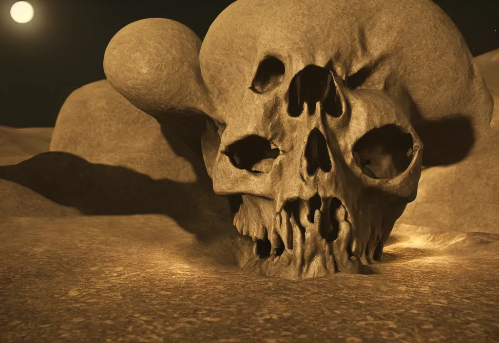 Image similar to strange alien skull in a dessert in the moon, cinematic lighting, octane tender, volumetric light, dark - art