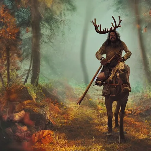 Image similar to hippie tribal hobo wearing twigs and leaves smiling sheepishly, riding tiny scuffy donkey with novelty oversized antlers, autumn forest, highly detailed, dramatic lighting, night time, cinematic, hyperrealistic, detailed, movie still from game of thrones