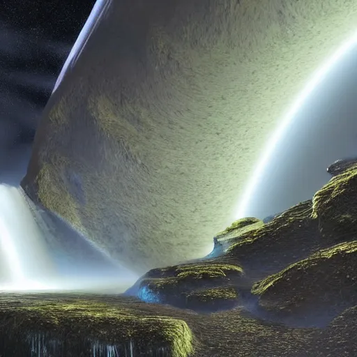 Prompt: a mystical waterfall flowing into a planet, 4 k, nasa, hd, ultra realistic, lifelike