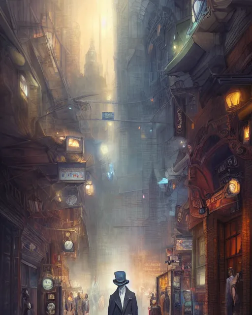 Prompt: portrait of sherlock holmes on a futuristic city street, soft colours, digital painting, detailed, realistic, digital art, by alayna lemmer, by tom bagshaw
