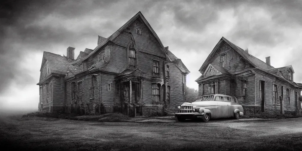 Prompt: Lovecraft Country, ultra detailed haunted house, establishing atmospheric shot, octane renderer, F11 aperture, night, volumetric fog, lighting and thunder, stormy weather, ultra detailed rain drops, reflections, film grain, single ultra detailed grey 1948 Packard Station Sedan parked in the street,