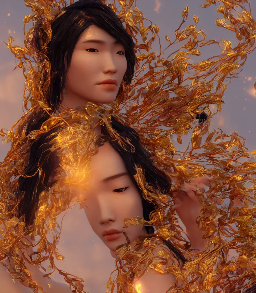 Image similar to closeup photoshoot of asian goddess of bliss and honey, silk flowing in wind, totemic ritualistic tarot sigils embedded in ruby skin, photoreal, unreal engine, redshift render, trending on artstation