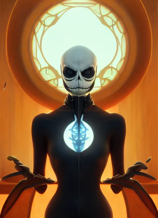 Image similar to symmetry, concept art by artgerm, distance portrait of a hyper realistic, frowning, sad jack skellington by greg rutkowski, alphonse mucha, octane render, highly detailed, high quality, 8 k, soft lighting, path traced, and uang guangjian and gil elvgren, symmetry!!