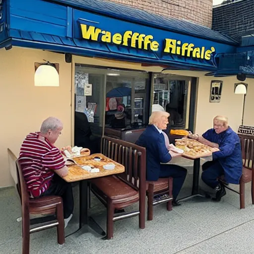 Image similar to photograph of trump and Biden sitting and eating breakfast at a Wafflehouse