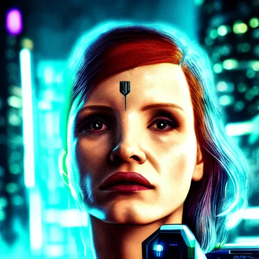 Prompt: jessica chastain portrait, cyberpunk 2 0 7 7, cyberpunk judy alvarez, photorealistic, ultra detailed, neon, octane, bokeh, cinematic lighting, cyber, cyberpunk city, studio quality, feature, scars, cyberface, 8 k