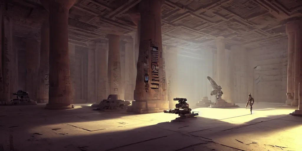 Image similar to sci fi robot repairshop inside of an egyptian temple, tuomas korpi, volumetric light, artstation, octane render, redshift render, low angle camera, intricate, 8 k, matte painting, volumetric lighting, cinematic composition, from avatar ( 2 0 0 9 ), artstation -