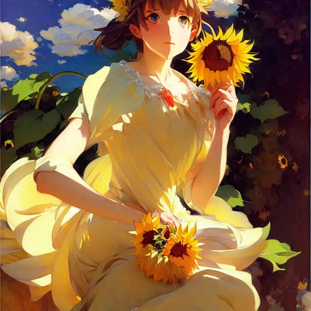 Image similar to beautiful sunflower anime girl, krenz cushart, mucha, ghibli, by joaquin sorolla rhads leyendecker, by ohara koson and thomas