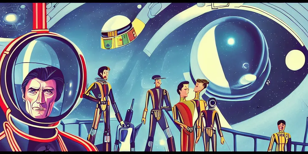 Prompt: traditional drawn colorful animation a symmetrical portrait of lonely single Alain Delon Stallone Clint Eastwood alone pilot in posing in spaceship station planet captain bridge outer worlds robots extraterrestrial hyper contrast well drawn in Jean Henri Gaston Giraud animation film The Masters of Time FANTASTIC PLANET La planète sauvage animation by René Laloux