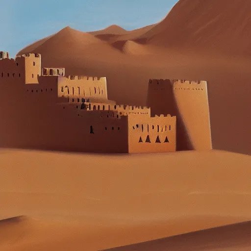 Prompt: High-Quality realist painting of a fortress in the Sahara Desert, peaceful, very detailed, digital art.