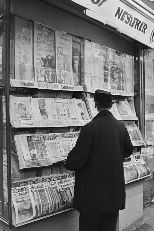 Image similar to a 5 0's detective, buying newspaper at the newsstand