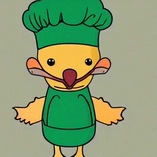 Image similar to cute platypus wearing a chef hat and holding a lasagna with three basil leaves over the lasagna