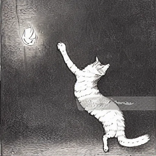 Image similar to a painting by Gustave Doré of Garfield the orange cat falling from heaven after his banishment, cinematic lighting, dramatic lighting, realistic, woodcut