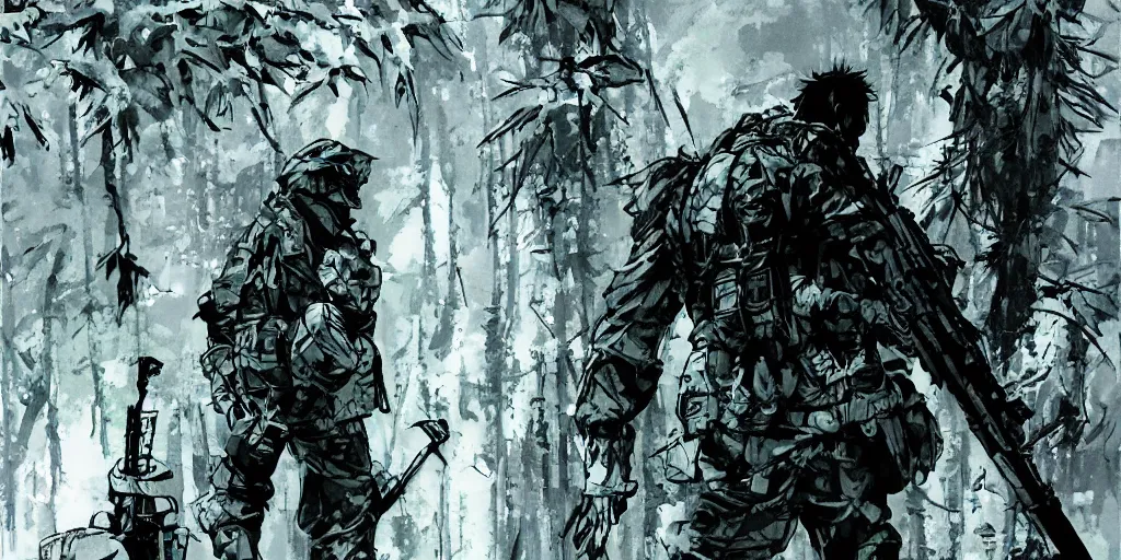 Image similar to A soldier in the woods, artwork by Yoji Shinkawa style