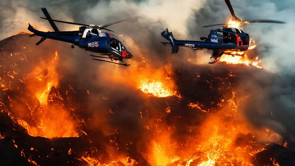 Image similar to person wearing a sponsored team jersey with logos jumping out of a helicopter with a surfboard into a volcano, action shot, dystopian, thick black smoke and fire, sharp focus