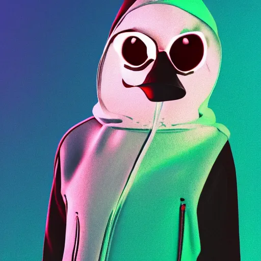 Image similar to penguin in hoodie, portrait, vaporwave, synthwave, neon, vector graphics, cinematic, volumetric lighting, f 8 aperture, cinematic eastman 5 3 8 4 film, photorealistic