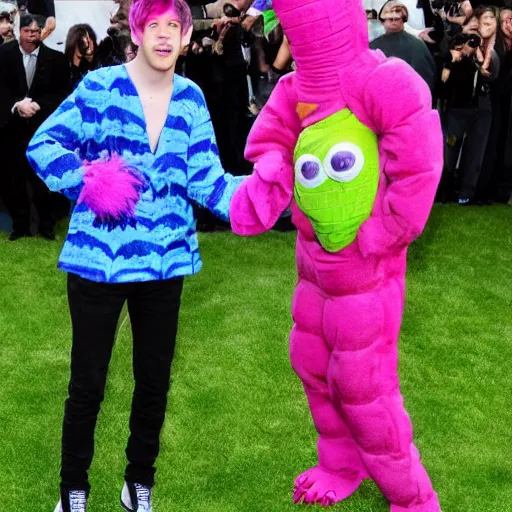 Image similar to pete davidson with pink hair in a silly dinosaur costume