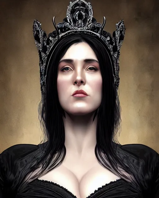 Prompt: portrait of a tall 4 0 - year - old woman with thin lips, long, lush black hair like a crown black, and thick eyebrows, wearing in black clothes, hyper realistic face, beautiful eyes, character art, art by mark brooks, hyperdetailed, cryengine, trending on artstation, digital art