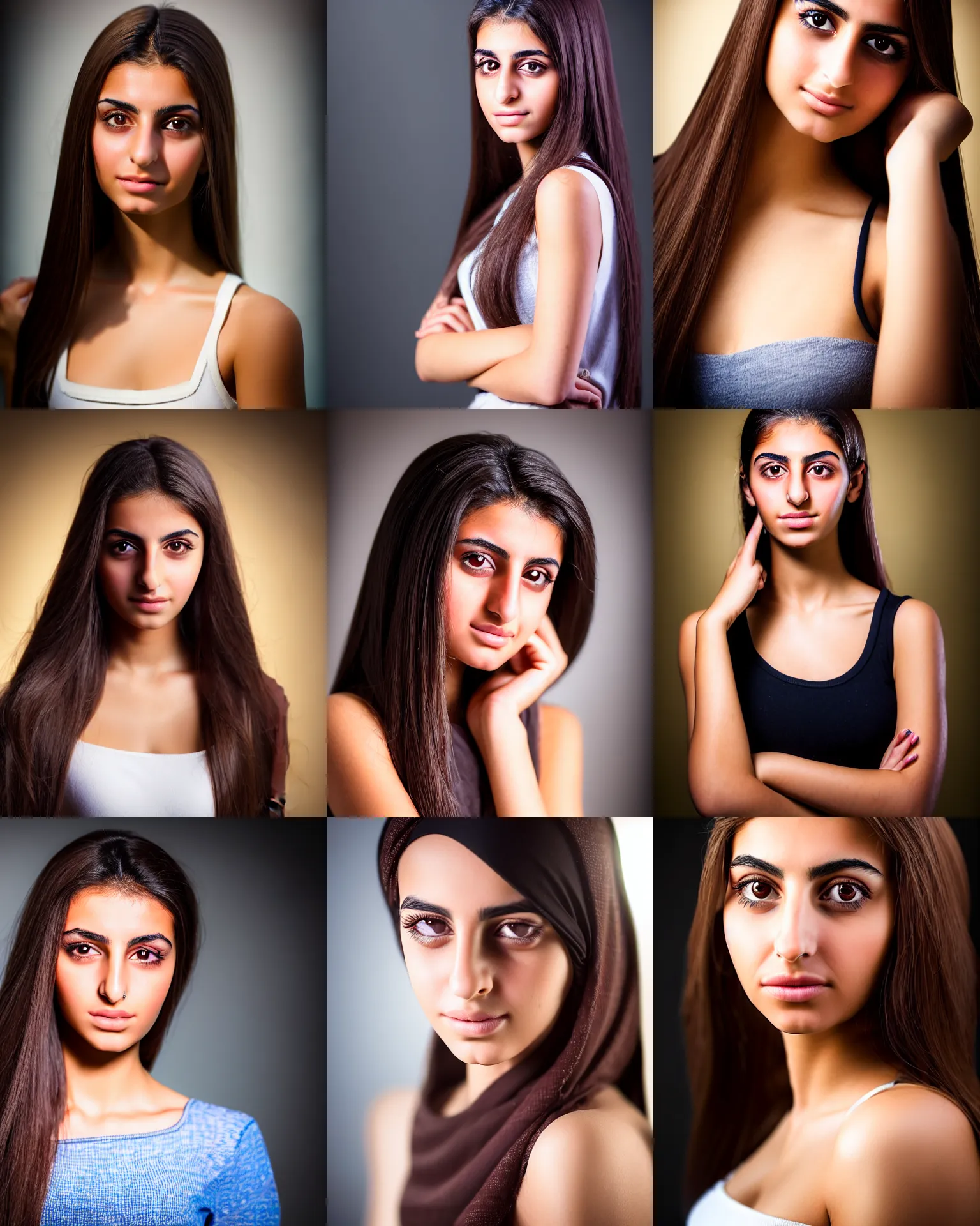 Image similar to a highly realistic, true to life portrait of a beautiful young middle eastern girl, sharp focus, from the waist up, with sharp features, a beautiful face, soft smile, under studio lighting, taken with a canon eos camera with 1 3 5 mm focal length