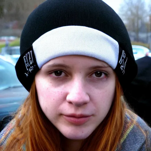 Prompt: an emo girl wearing a black beanie hat, British street background, 2006