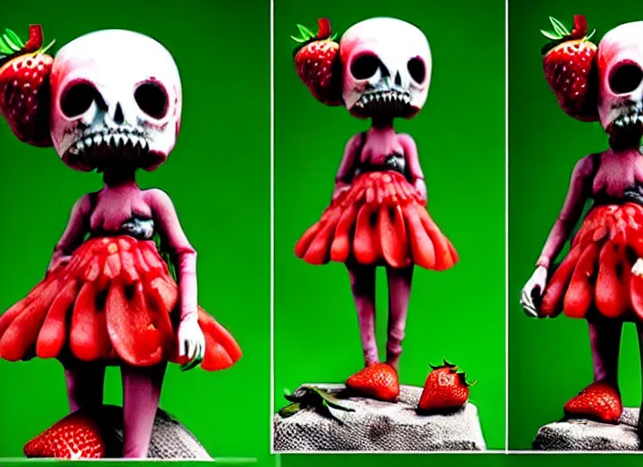 Image similar to a very sad femo figurine of a cute funny undead strawberry fairy zombie with bandages wearing a dirty floral torn strawberry dress featured on dark souls by beksinski and gamesworkshop, carrying survival gear, wearing strawberry backpack, shambling aimlessly in the night, dark melancholic atmosphere, 🎀 🧟 🍓 🧚