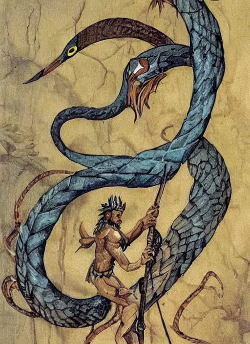 Image similar to Aspis a fantasy charater Proto-Slavic mythology, a winged snake with two trunks and a bird's beak. Aspis is invulnerable to conventional weapons, it cannot be killed with a sword or arrow, but can only be burned