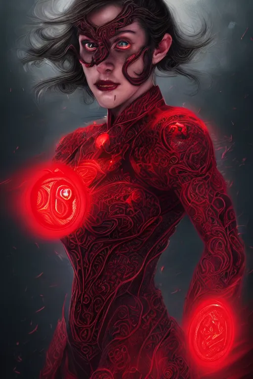 Image similar to Majestic and regal portrait of a female red Lantern, DC universe, Perfect face, beautiful, intricate, epic, elegant, menacing, fantasy, highly detailed, digital painting, hard focus, beautiful volumetric lighting, epic light, ultra detailed, Horror, souls, ghosts, smoke by Leesha Hannigan, Ross Tran, Thierry Doizon, Kai Carpenter, Ignacio Fernández Ríos