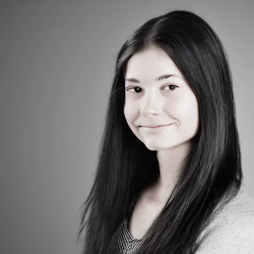 Image similar to young woman with shoulder - length messy black hair, slightly smiling, 1 3 5 mm nikon portrait