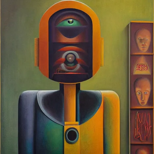 Prompt: super - intelligent robot with kind eyes portrait, pj crook, ( ( ( grant wood ) ) ), pj crook, ( ( ( edward hopper ) ) ), oil on canvas