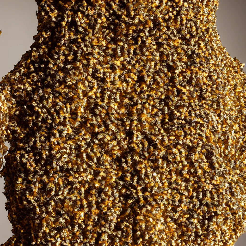 Image similar to a beautiful dress made of a real bee hive, on a mannequin. high resolution, studio lighting, closeup