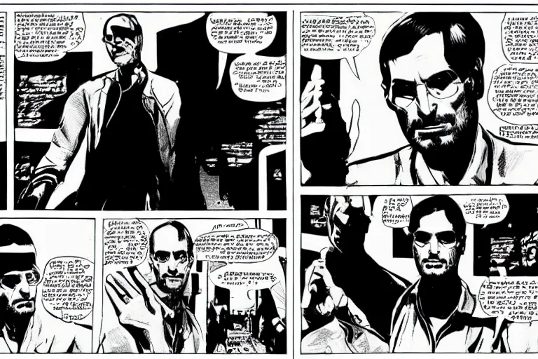 Image similar to steve jobs presenting the imac, a page from cyberpunk 2 0 2 0, style of paolo parente, style of mike jackson, adam smasher, johnny silverhand, 1 9 9 0 s comic book style, white background, ink drawing, black and white