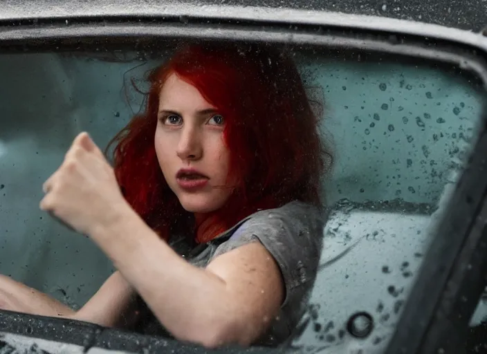 Image similar to A very high resolution image from a new movie, inside of a car, teen red hair woman, raining, hot, directed by wes anderson