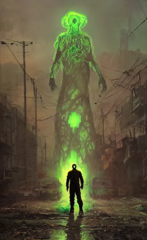 A radioactive ghoul wearing raider gear stands in the Stable