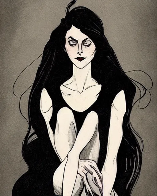 Prompt: style of abigail larson : : gorgeous willa holland : : evil witch, swirling black magic, black dress : : symmetrical face, symmetrical eyes : : full body pose : : gorgeous black hair : : magic lighting, low spacial lighting : :