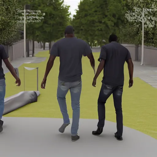 Image similar to 3 black guys walking towards a big cake. ultra realistic.