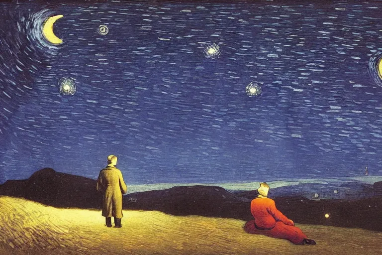 Prompt: a person looking at the night sky with stars, colorful, beautiful, national geographic, very detailed, astrophotography, oil painting, canvas, Theodor Kittelsen, Vincent van Gogh, Caspar David Friedrich