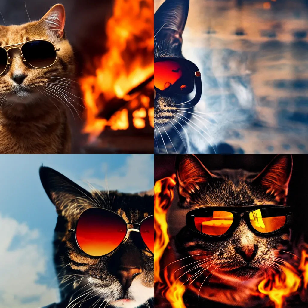 Prompt: A cat wearing aviator sunglasses, with a close-up of a burning dog house in flames reflected in the sunglasses, dramatic lighting