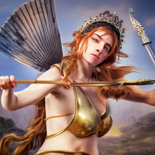 Image similar to Greek goddess Athena fighting with stupidity, stupidity is represented by internet influencers, realistic person, spear in the right hand, long hair, natural look, realistic photography, hyper realistic, highly detailed, 4k, battle landscape