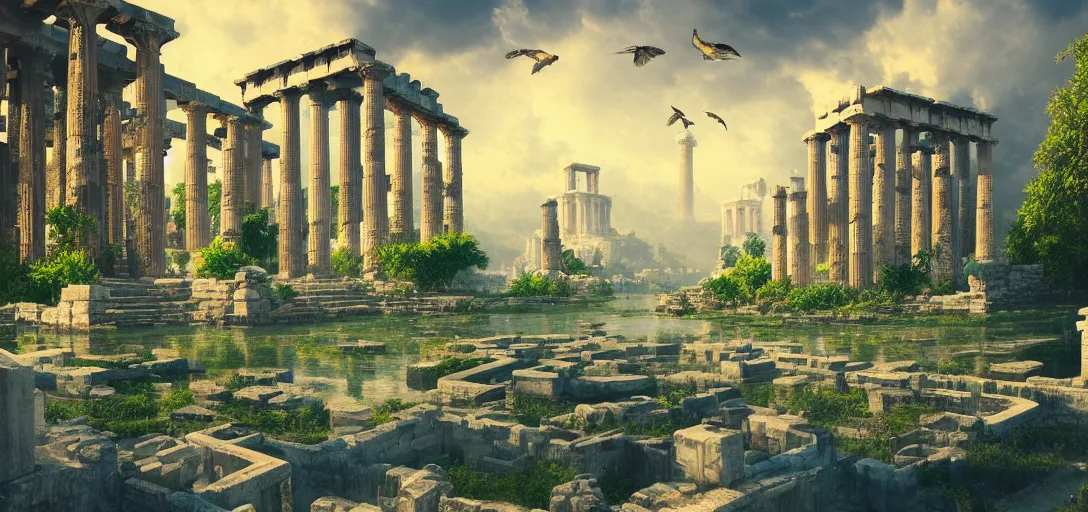 Prompt: beautiful view of an ancient floating sky city, greek pillars, temples, overgrown, birds, droplets, symmetry, dramatic lighting, ultra detailed, sharp, ambient occlusion, bloom, raytracing, vibrant, vivid colors, picturesque, by dylan cole and jordan grimmer