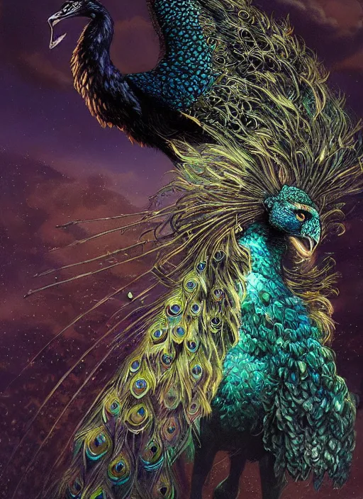 Prompt: black lion with peacock wings, night sky, by michael whelan and james gurney, epic, fantasy illustration, intricate, hyper detailed, concept art, smooth, sharp focus, vibrant, photo realistic, digital painting