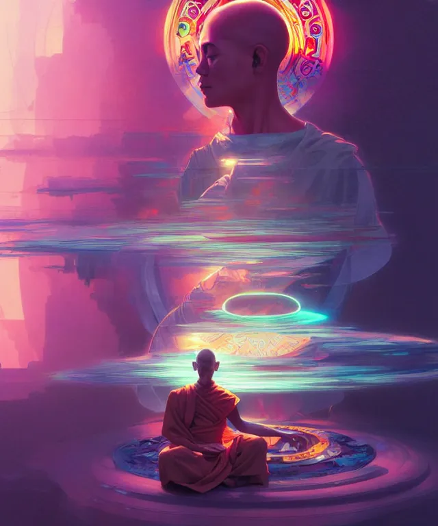 Prompt: a floating monk, meditating, wearing netrunner clothing, vaporwave aesthetic, colorful, psychedelic, digital painting, artstation, concept art, smooth, sharp focus, illustration, art by artgerm and greg rutkowski and alphonse mucha