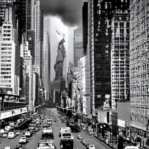 Image similar to new york city invaded by aliens, 1 9 9 0 archival photo