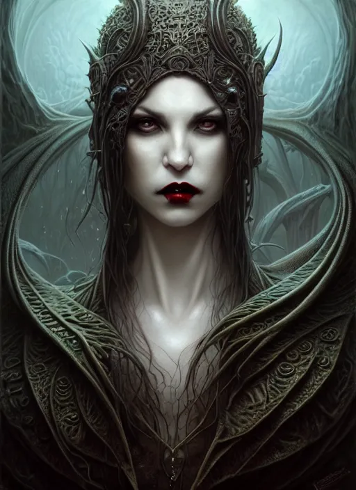 Image similar to portrait shot of a female vampire, a scenic dystopian environment, lovecraftian, intricate, elegant, highly detailed, centered, digital painting, artstation, concept art, smooth, sharp focus, illustration, artgerm, tomasz alen kopera, peter mohrbacher, donato giancola, joseph christian leyendecker, wlop, boris vallejo