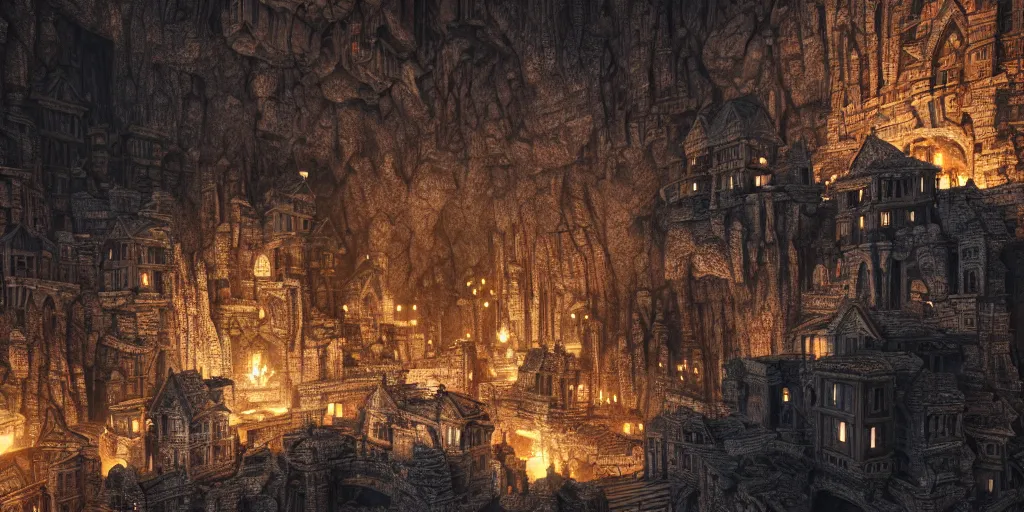 Image similar to A shining dwarven city made out of intricately carved stone in a dark cavern, rainy, dark and gloomy atmosphere, fantasy digital art, octane render, beautiful composition, trending on artstation, award-winning photograph, masterpiece