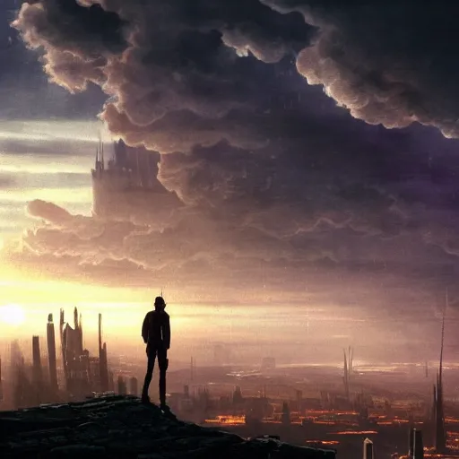 Image similar to wanderer with night vision goggles, dramatic light, sunset, sunrays, flying cars, cyberpunk city in the background, ruins, buildings, dystoptian, gorgeous view, depth, painted by Caspar David Friedrich, gateway, clouds, tending on artstation